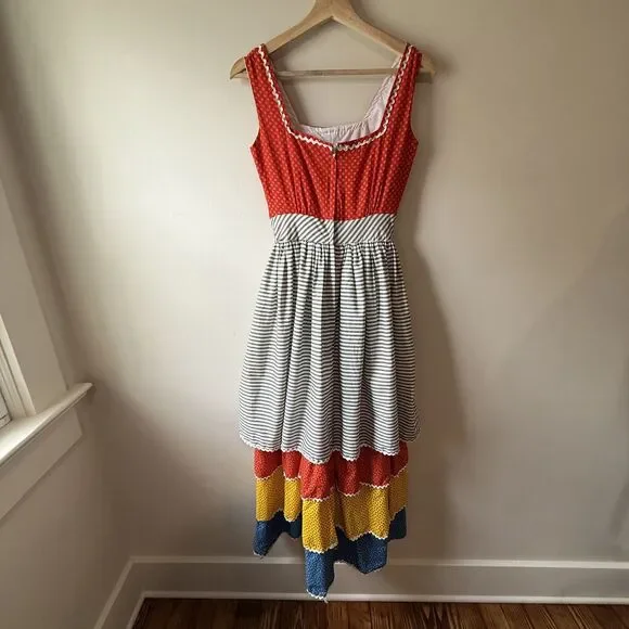 Vintage Handmade Prairie Tiered Cotton Dress / Ric-Rac, Fitted Folk Cottagecore - Picture 7 of 14